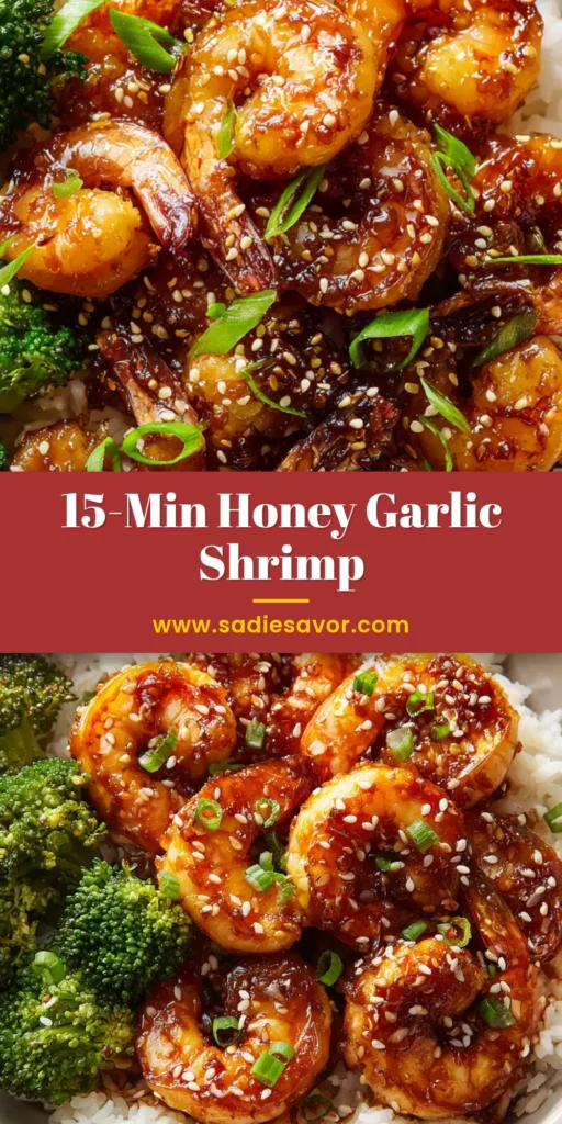 A close-up, top-down shot of plump, High-Protein Honey Garlic Shrimp heavily coated in a glossy, sticky amber-brown glaze, resting on fluffy steamed white rice with vibrant broccoli florets.