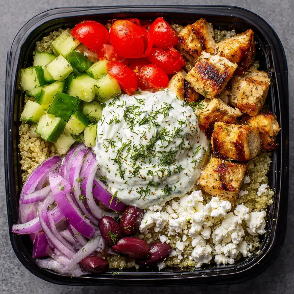 Fresh & Healthy Greek Chicken Bowls for Meal Prep 2 Greek Chicken Bowls featuring bright red cherry tomatoes, diced green cucumbers, and a thick dollop of creamy tzatziki sauce.