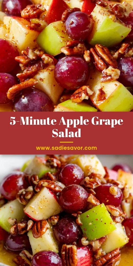 Crisp and Refreshing Apple Grape Salad 4 A shallow white bowl filled with freshly diced red and green apples, plump halved red grapes, and chopped toasted pecans, tossed in a glistening amber honey cinnamon dressing. (Apple Grape Salad)