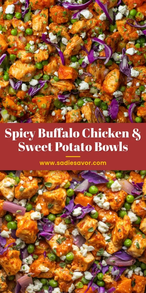A top-down macro view of Buffalo Chicken Bowls on a dark metal baking sheet featuring vibrant orange sweet potatoes, glossy buffalo chicken, bright green peas, crumbled feta, and purple cabbage.