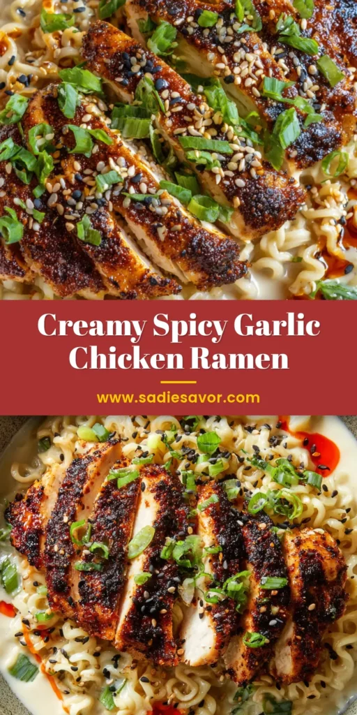 The Ultimate Homemade Creamy Spicy Chicken Ramen 4 A deep ceramic bowl of Creamy Spicy Chicken Ramen with thick garlic sauce, sliced fiery chicken breast, scallions, sesame seeds, and bright red chili oil.