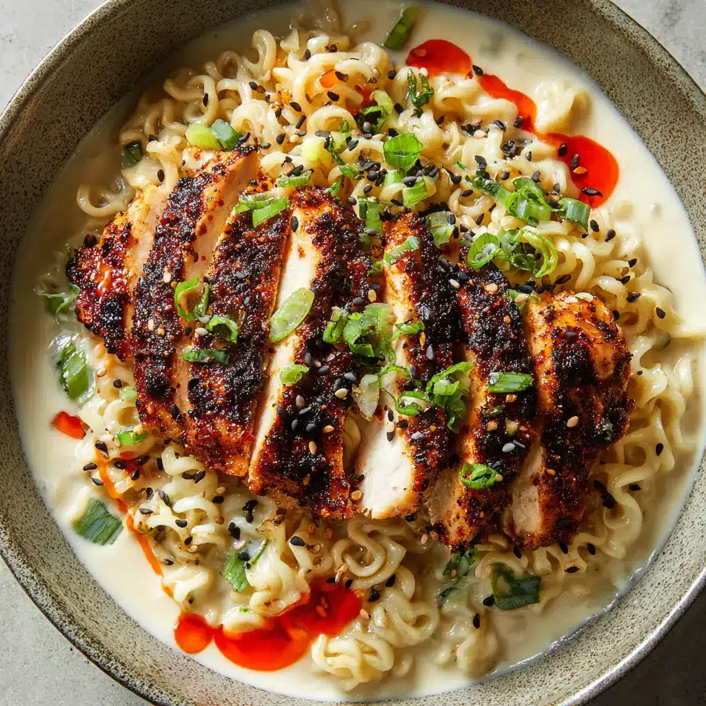 The Ultimate Homemade Creamy Spicy Chicken Ramen 2 Overhead view of curly ramen noodles heavily coated in an opaque white garlic sauce, topped with charred red chicken slices and red chili oil.
