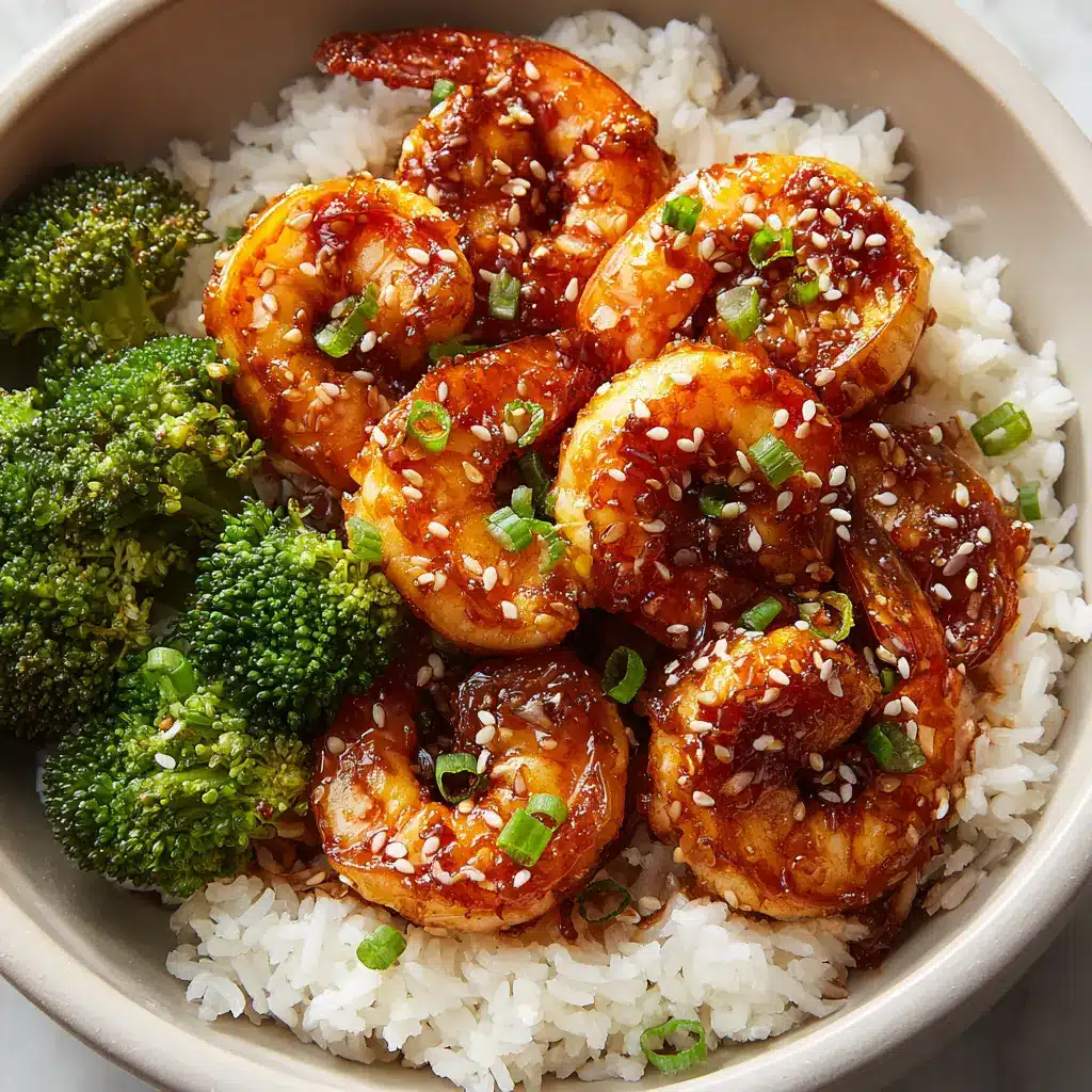A top-down view of plump shrimp heavily coated in a glossy honey garlic glaze, sitting on white rice with broccoli.