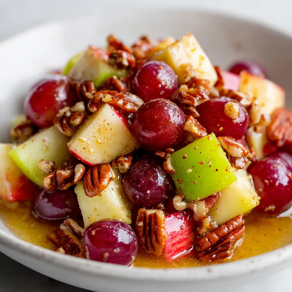 Crisp and Refreshing Apple Grape Salad 1 Translucent amber honey dressing glistening over freshly chopped toasted pecans and diced apples in an Apple Grape Salad.