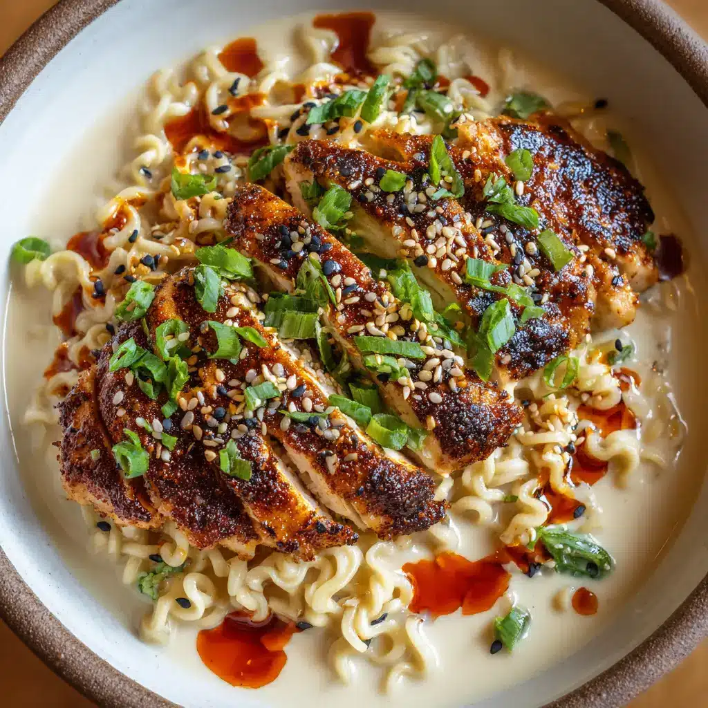 The Ultimate Homemade Creamy Spicy Chicken Ramen 1 Close up of spicy pan-seared chicken breast slices over creamy ramen noodles garnished with toasted sesame seeds and chopped scallions.