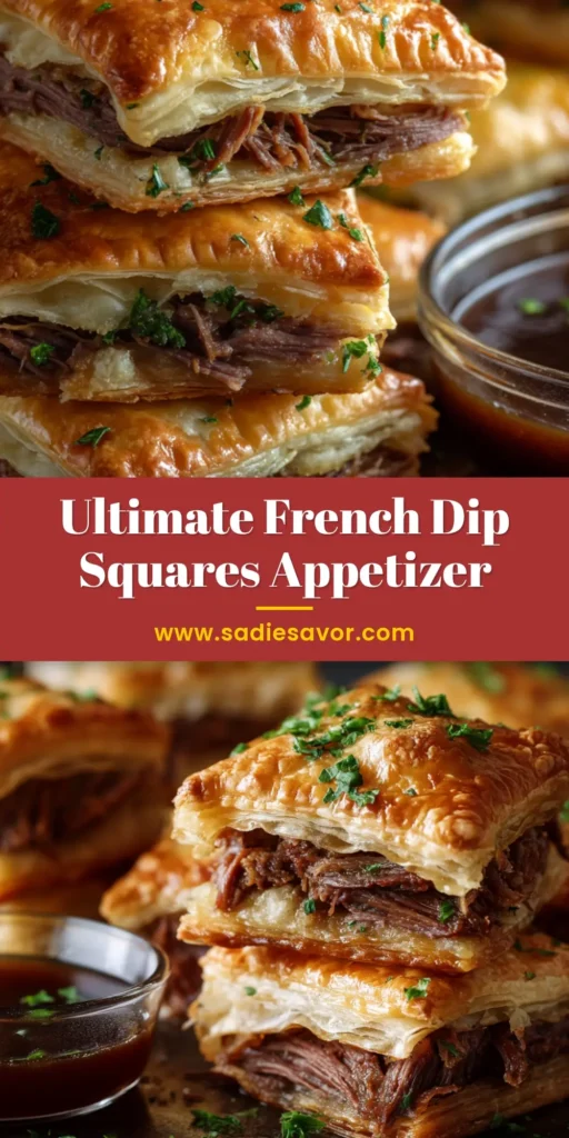 Sensational French Dip Squares with Rich Au Jus 3 Extreme close-up of beautifully stacked French dip squares showing glossy puff pastry, melted cheese, and juicy shredded beef, ready to be pinned.