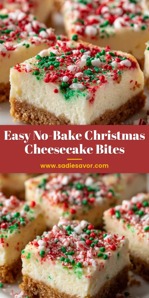 The Ultimate No-Bake Christmas Cheesecake Bites 4 A tall stack of No-Bake Christmas Cheesecake Bites featuring a golden graham crust, thick white creamy center, and crushed peppermint topping.