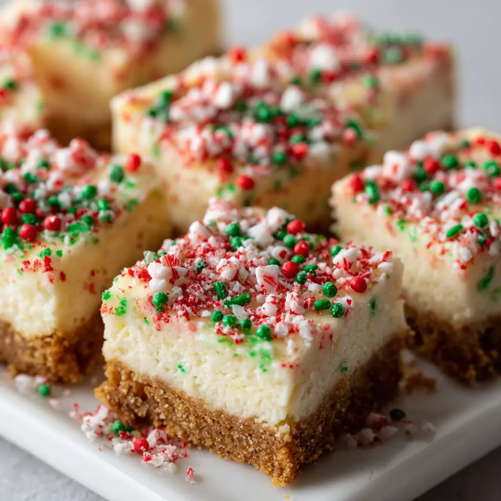 The Ultimate No-Bake Christmas Cheesecake Bites 2 A close-up food shot of bite-sized square No-Bake Christmas Cheesecake Bites arranged tightly together on a white ceramic platter.