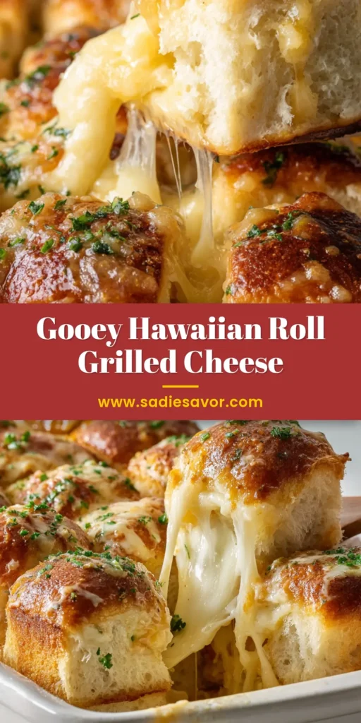 A single Hawaiian Roll Grilled Cheese slider being pulled away from a group in a white dish, showcasing a dramatic, gooey cheese pull with cheddar and mozzarella.