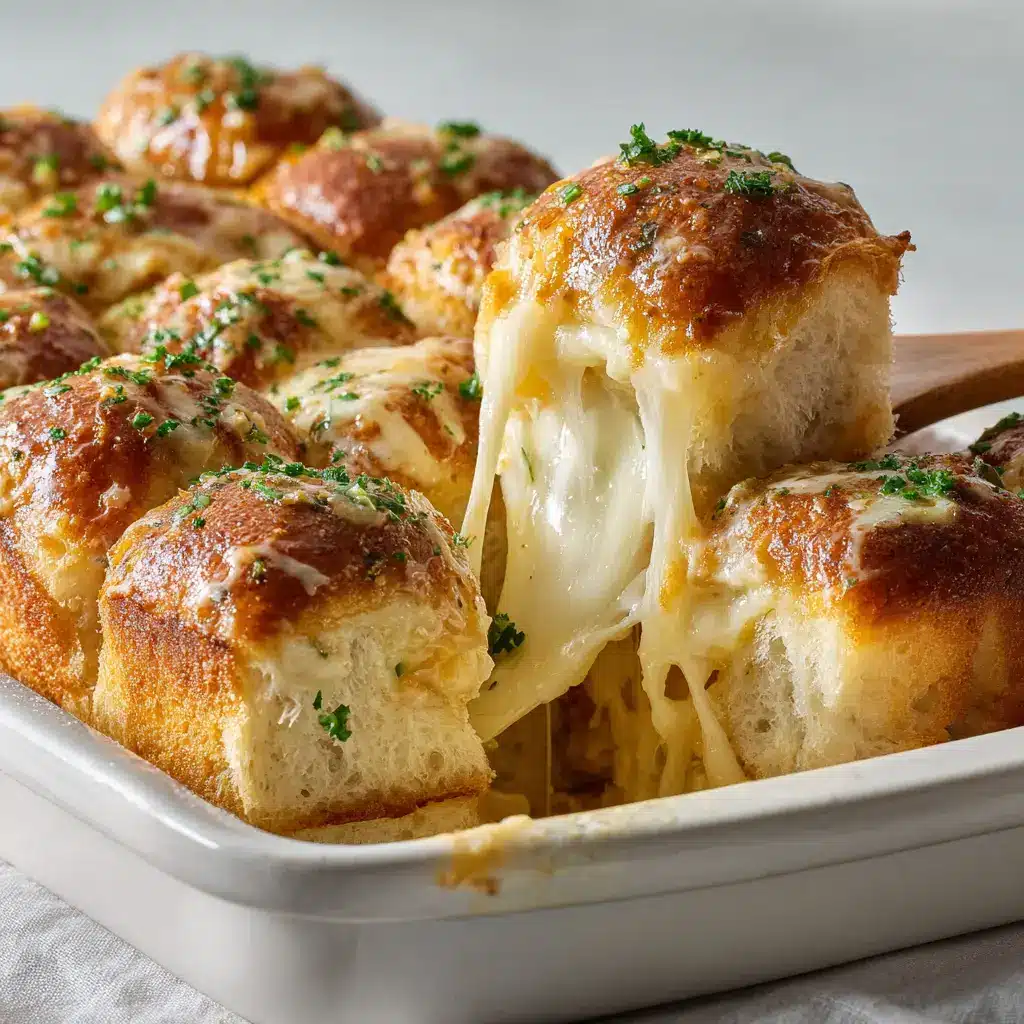 A close-up shot of pull-apart Hawaiian Roll Grilled Cheese in a white ceramic dish. The tops are golden brown with a buttery glaze and parsley, and melted cheese oozes from the sides.