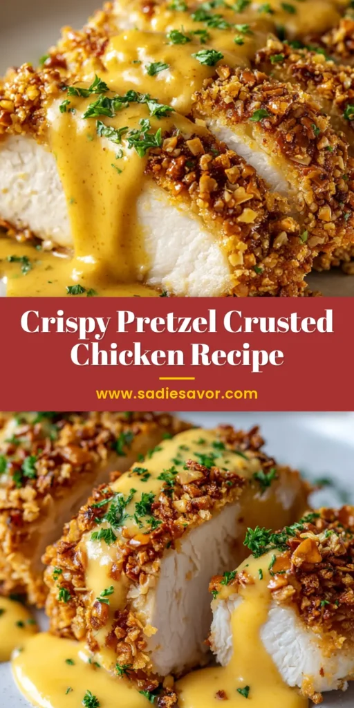 A close-up overhead shot of a sliced pretzel crusted chicken breast on a white plate, drizzled with creamy mustard-cheddar sauce and garnished with parsley. (Pretzel Crusted Chicken)