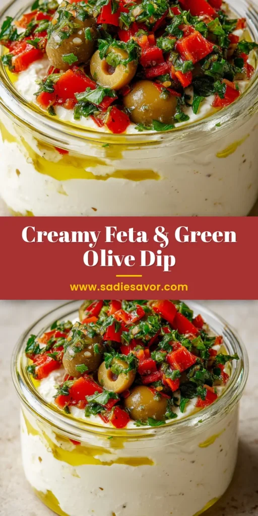 A shareable pin image showing a clear glass jar of creamy Green Olive Dip with text overlay for Pinterest.