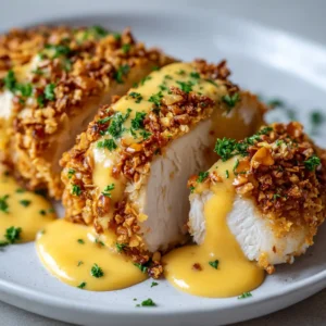 A close-up shot of a golden-brown baked chicken breast entirely coated in crushed, crunchy pretzel pieces, resting on a simple white ceramic plate. (Pretzel Crusted Chicken)