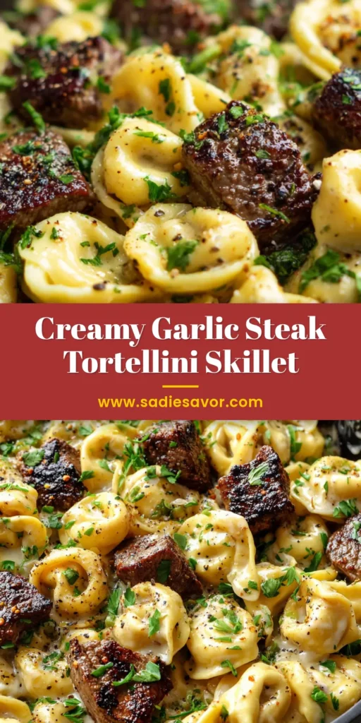 A close-up overhead shot of Creamy Garlic Steak Tortellini in a dark skillet, garnished with parsley and black pepper.