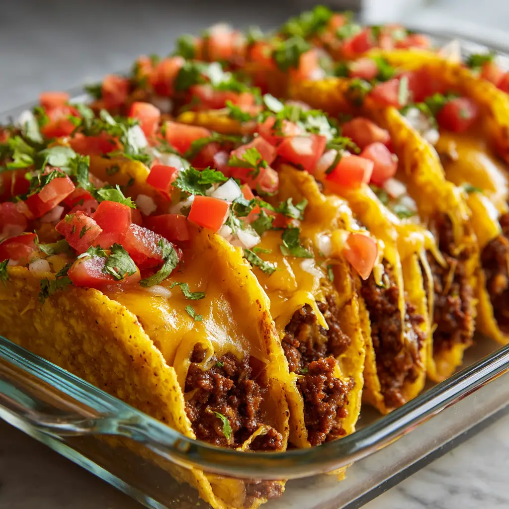 Oven-Baked Cheesy Tacos: The Ultimate Weeknight Dinner Hack 1 A row of oven-baked cheesy tacos garnished with fresh diced red tomatoes and chopped green cilantro after coming out of the oven.