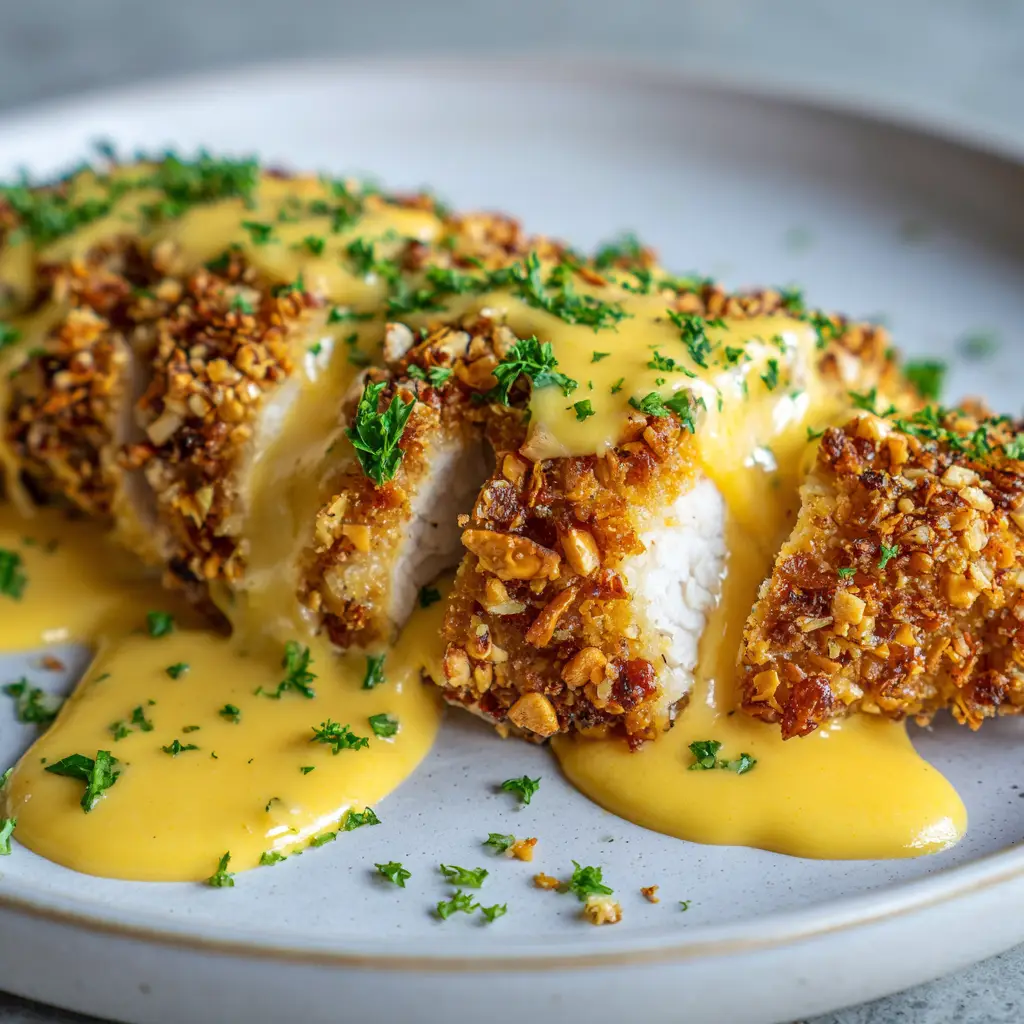 A slice of Pretzel Crusted Chicken showing the juicy, tender white meat inside, with a thick crust and cheese sauce.