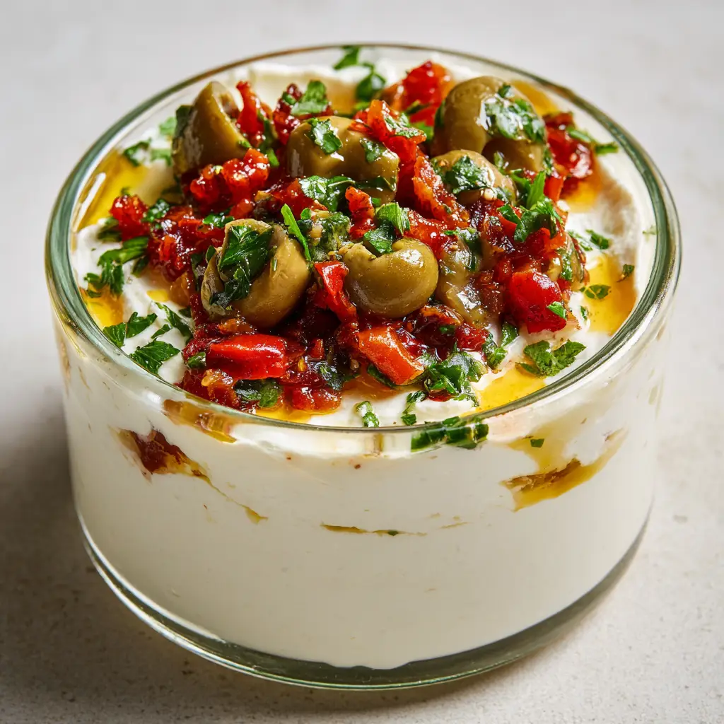 An overhead view of the finished Green Olive Dip, showcasing the chunky topping of chopped green olives, diced red peppers, parsley, and a drizzle of olive oil.