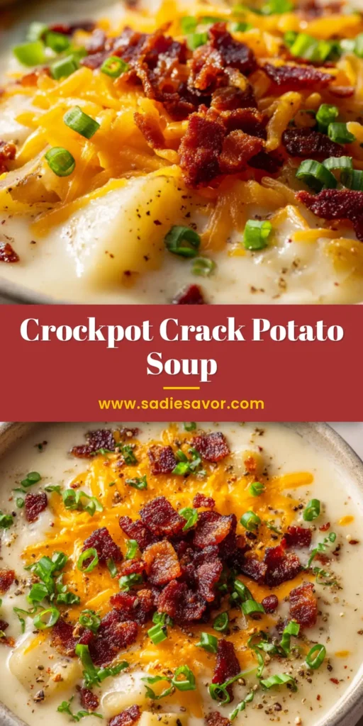 A close-up of a rustic white bowl filled with creamy Crockpot Crack Potato Soup, loaded with melted cheddar cheese, crispy bacon, and fresh scallions.