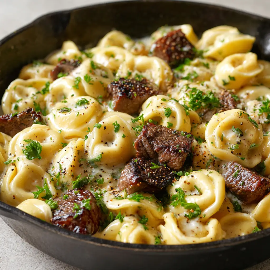 A detailed shot of the thick, glossy cream sauce coating plump tortellini and charred steak, sprinkled with cracked black pepper.
