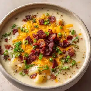 A top-down view of a thick and velvety Crockpot Crack Potato Soup in a matte stoneware bowl. (Crockpot Crack Potato Soup)