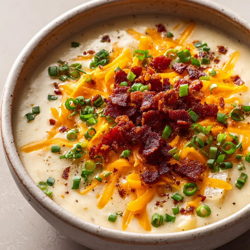 A spoonful of creamy potato soup showing the chunks of tender potato, melted cheese, and bacon bits.
