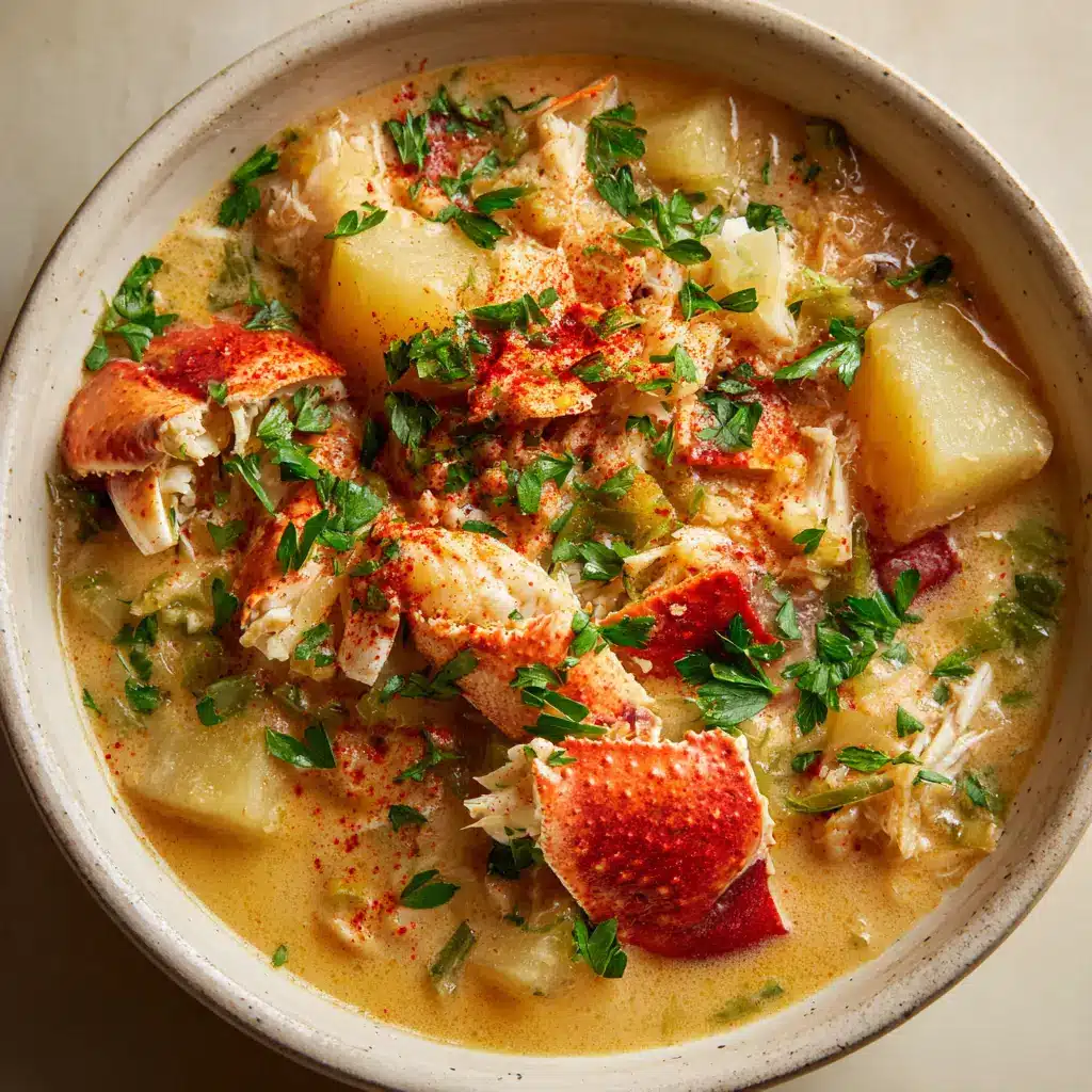 Detailed view of white lump crab meat and tender cooked potato chunks partially submerged in the thick creamy broth of the Crab Stew Recipe.