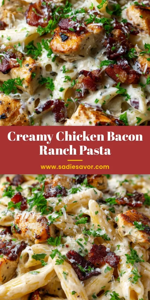 A close-up vertical shot of Chicken Bacon Ranch Pasta in a rustic white bowl, featuring glossy white cream sauce, crispy bacon crumbles, golden seared chicken, and a vibrant green parsley garnish.