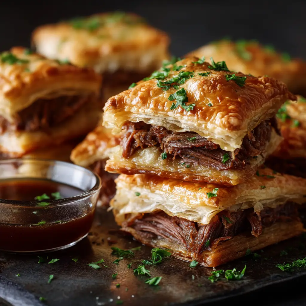 Sensational French Dip Squares with Rich Au Jus 2 A close view of stacked French dip squares topped with finely chopped parsley, sitting next to a glass bowl of rich brown au jus.