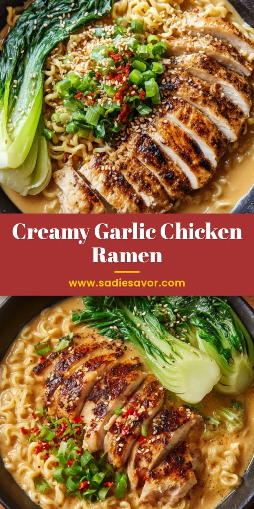 A close-up top-down view of Creamy Garlic Chicken Ramen in a matte black ceramic bowl with thick tan garlic sauce, golden-brown pan-seared chicken, steamed bok choy, and scallions.
