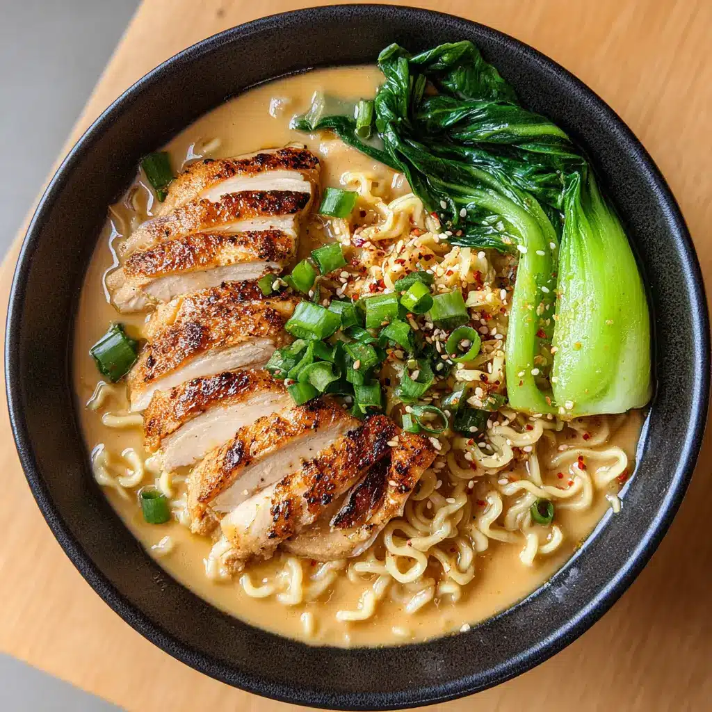 Sliced golden-brown pan-seared chicken breast fanned out over creamy ramen with steamed green bok choy, sesame seeds, and chili flakes.