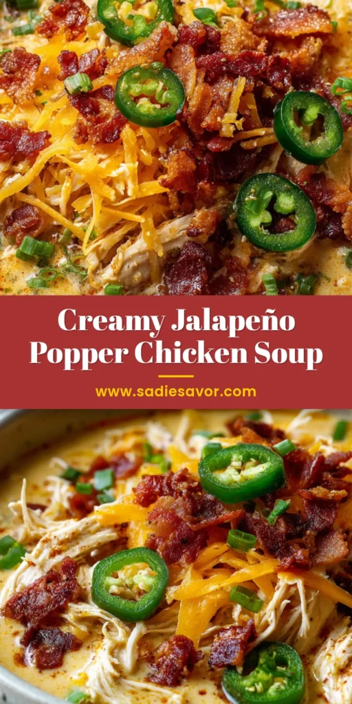Unbelievably Creamy Jalapeño Popper Chicken Soup 4 A tall pin image showcasing a rustic white bowl of rich, creamy Jalapeño Popper Chicken Soup topped with melted cheddar, raw jalapeño rings, and crispy bacon bits.
