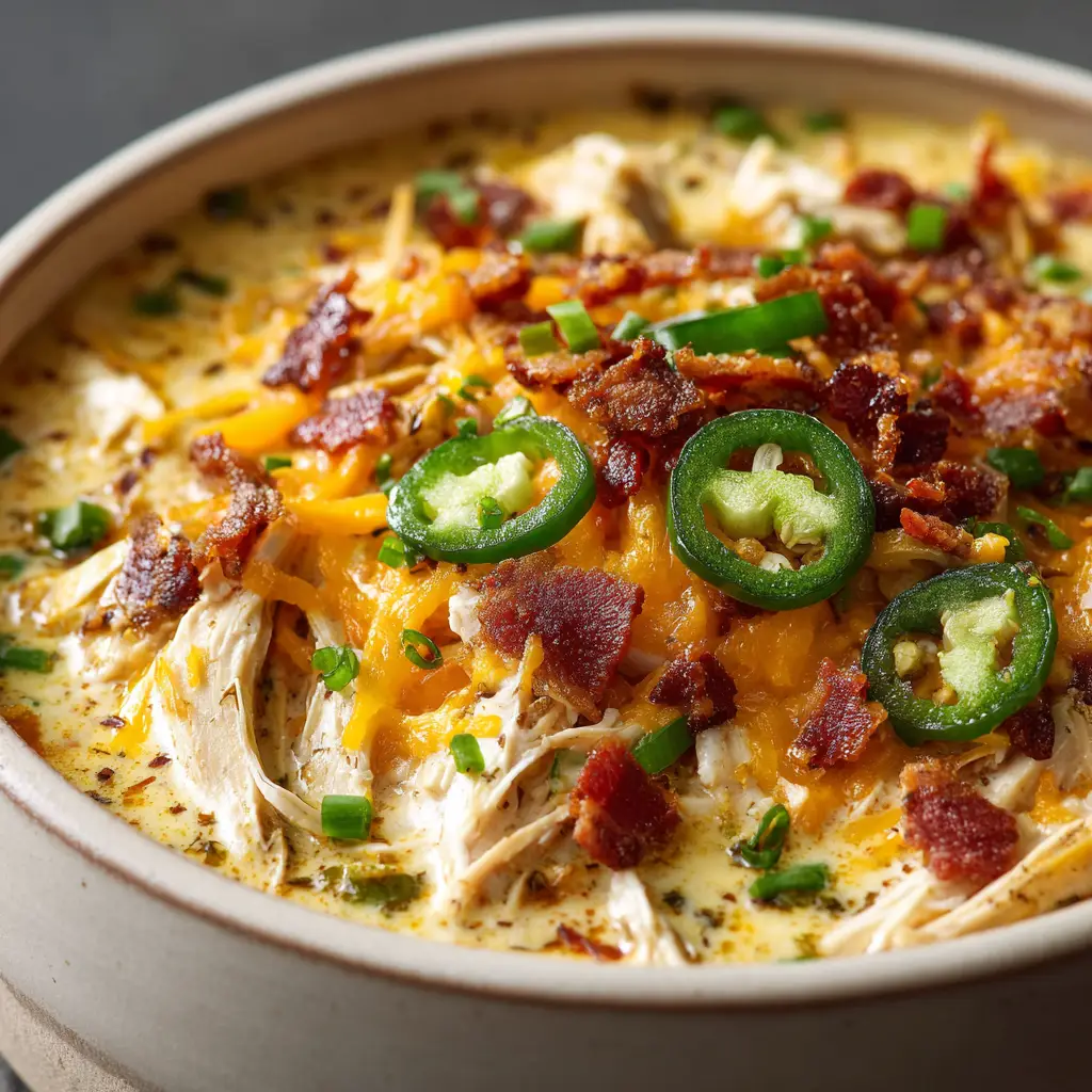 Unbelievably Creamy Jalapeño Popper Chicken Soup 2 Close-up of thick pale yellow-orange cheesy cream broth in a matte white ceramic bowl, loaded with shredded chicken and jalapeño slices.