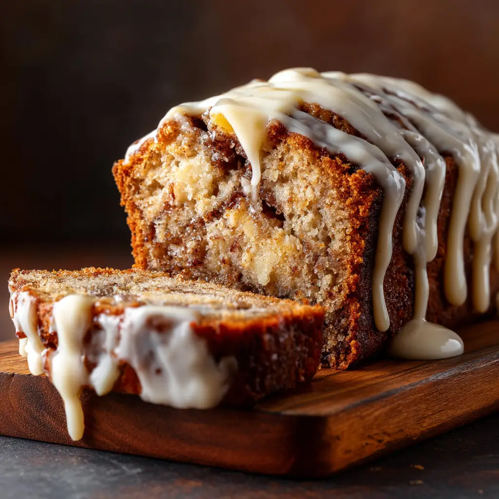 Close-up of Cinnamon Roll Banana Bread ingredients including ripe bananas, butter, cinnamon, and cream cheese on a dark rustic wood surface.