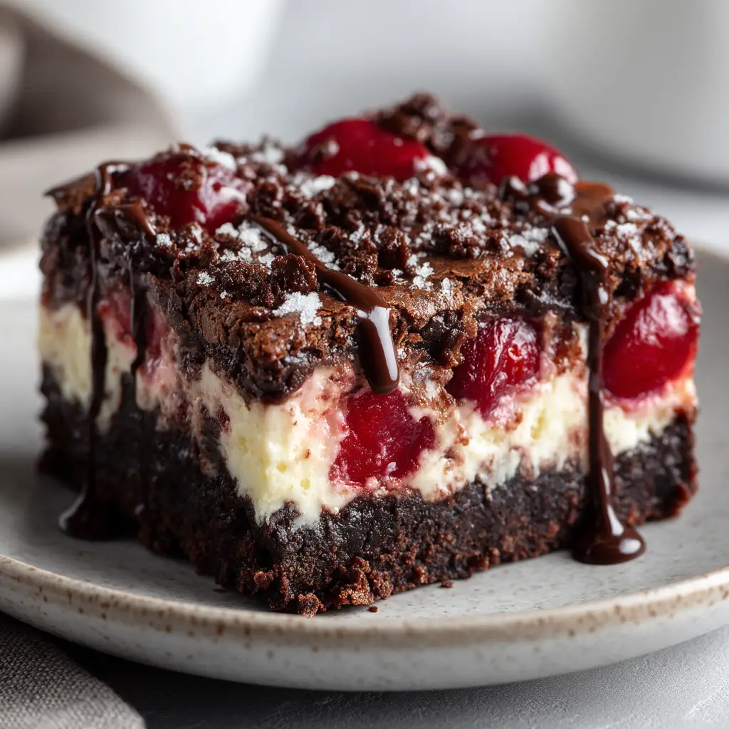 Chocolate earthquake cake topped with crunchy chocolate crumbles and a glistening chocolate fudge drizzle on a light gray plate.