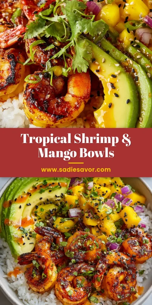 A vibrant food bowl featuring a base of fluffy white rice, topped with smoky char-grilled shrimp with a reddish-orange spice crust, sliced creamy green avocado, and chunky mango salsa.