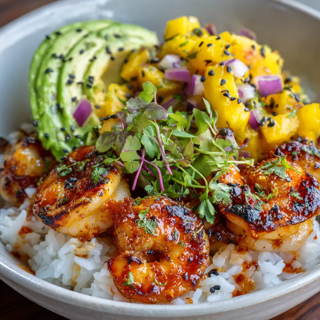 Overhead view of Shrimp and Avocado Bowls drizzled with a semi-translucent reddish-orange lime-chili sauce and sprinkled with black sesame seeds.