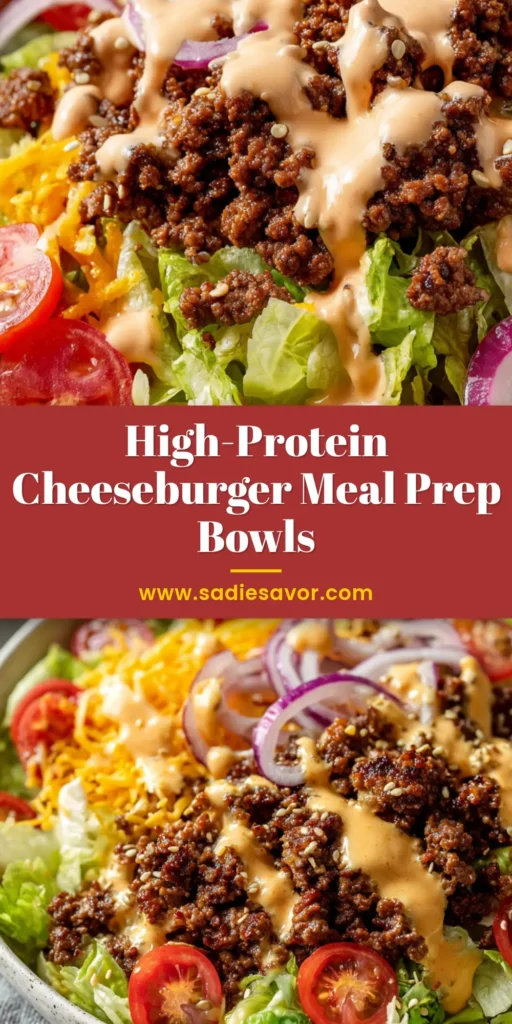 High-Protein Cheeseburger Bowls: The Ultimate Healthy Comfort Food 4 A close-up of a loaded high-protein cheeseburger bowl with browned crumbled beef, cherry tomatoes, cheddar, and a glossy pale-orange burger sauce drizzle.
