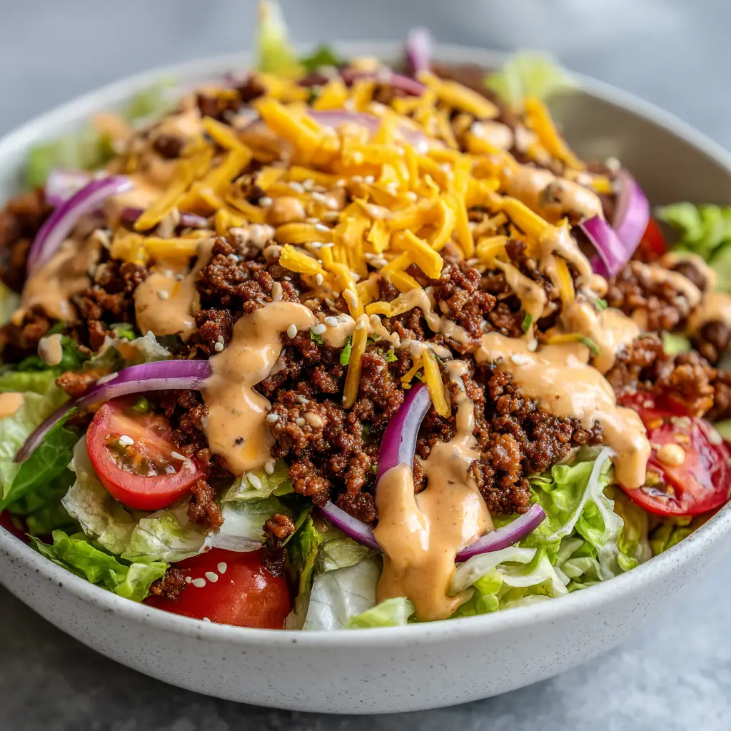 High-Protein Cheeseburger Bowls: The Ultimate Healthy Comfort Food 2 Shallow matte white ceramic bowl filled with crisp chopped iceberg and romaine, savory crumbled ground beef, red onions, and shredded yellow cheddar.