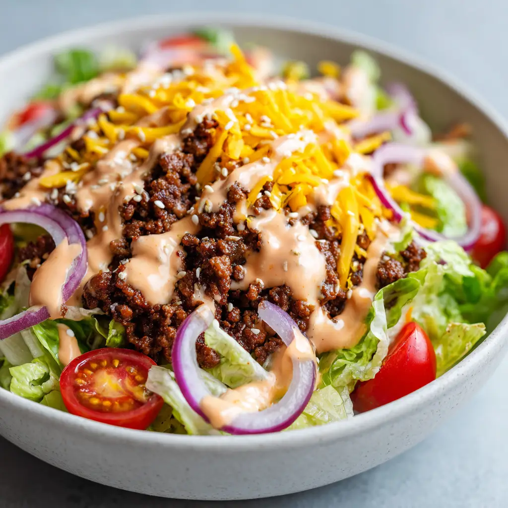 High-Protein Cheeseburger Bowls: The Ultimate Healthy Comfort Food 1 Thick creamy pale-orange burger sauce with visible tiny specks of pickle relish drizzled over a cheeseburger bowl, topped with toasted sesame seeds.