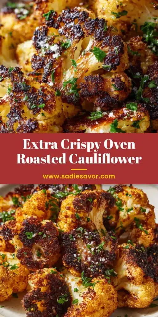 The Ultimate Crispy Roasted Cauliflower with Golden Spices 4 A close-up of Crispy Roasted Cauliflower florets piled on a white ceramic plate, featuring dark caramelized edges and fresh parsley.