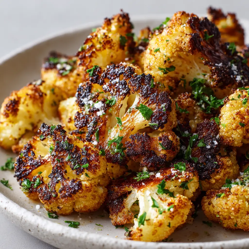 The Ultimate Crispy Roasted Cauliflower with Golden Spices 2 Crispy oven-roasted cauliflower pieces glistening with olive oil and a warm golden-orange spice coating.