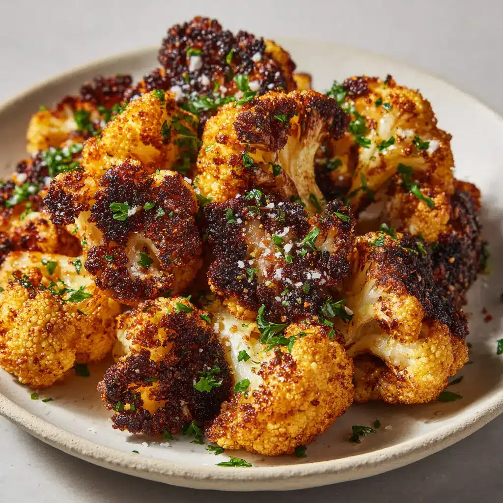 The Ultimate Crispy Roasted Cauliflower with Golden Spices 1 A rustic plate filled with crispy roasted cauliflower sprinkled with coarse sea salt flakes and chopped parsley.