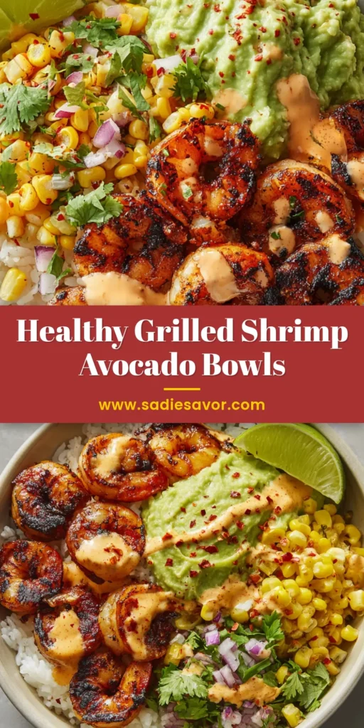The Ultimate Charred Grilled Shrimp Bowl with Spicy-Lime Dressing 4 A close-up, overhead angle of a Grilled Shrimp Bowl with charred shrimp, fluffy white rice, creamy avocado mash, and roasted corn salsa.