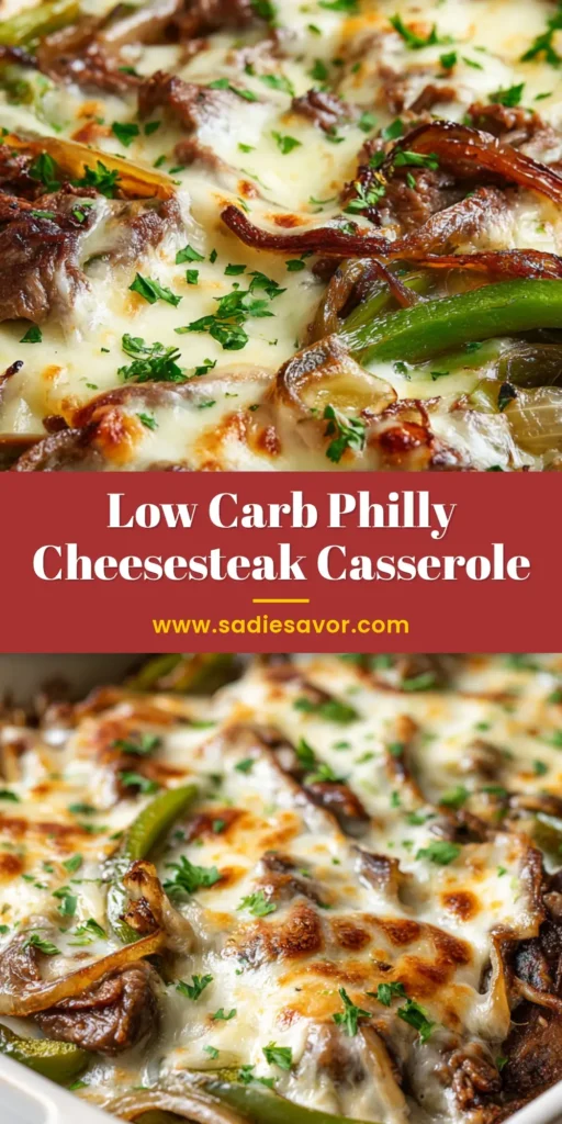 A close-up of a Low Carb Philly Cheesesteak Casserole with bubbling provolone cheese, perfectly seared beef, and chopped parsley in a white baking dish.