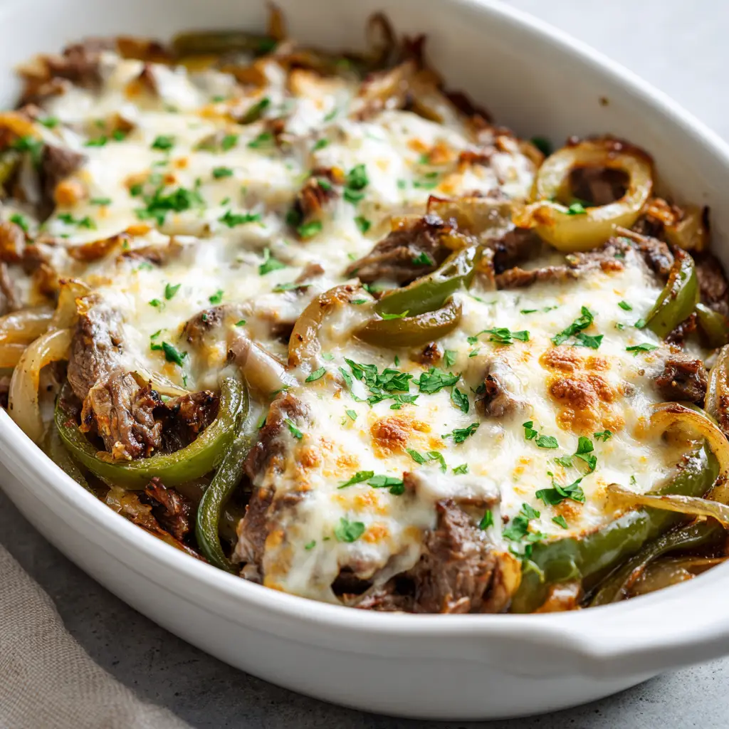 Golden brown toasted spots on top of a baked Low Carb Philly Cheesesteak Casserole garnished with fresh chopped parsley.