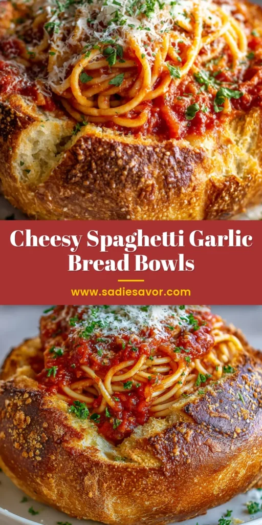 Spaghetti Garlic Bread Bowls: The Ultimate Pasta Experience 3 A rustic Italian bread loaf baked into a crispy golden-brown garlic bread bowl, overflowing with al dente spaghetti coated in thick deep-red marinara sauce, garnished with parsley and parmesan.