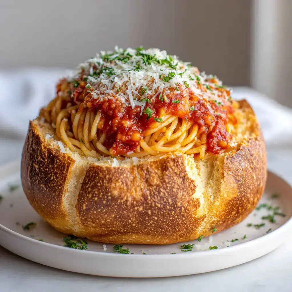 Spaghetti Garlic Bread Bowls: The Ultimate Pasta Experience 2 Close-up of a hollowed-out rustic Italian bread loaf brushed with melted glistening butter and baked to a golden-brown crunch. (Spaghetti Garlic Bread Bowls)