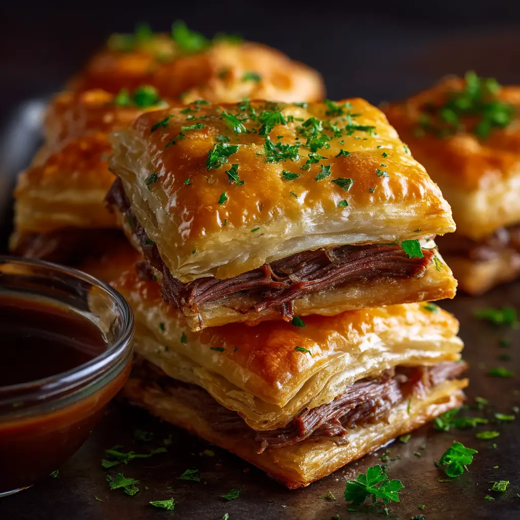 Sensational French Dip Squares with Rich Au Jus 1 A delectable extreme close up of a glossy golden-brown French dip square oozing with shredded beef and cheese.