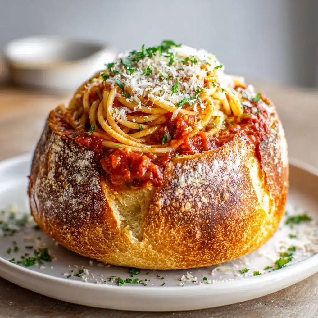 Spaghetti Garlic Bread Bowls: The Ultimate Pasta Experience 1 A massive mound of hot al dente spaghetti tossed in thick tomato marinara sauce with visible crushed tomatoes, being scooped into a toasted bread bowl.