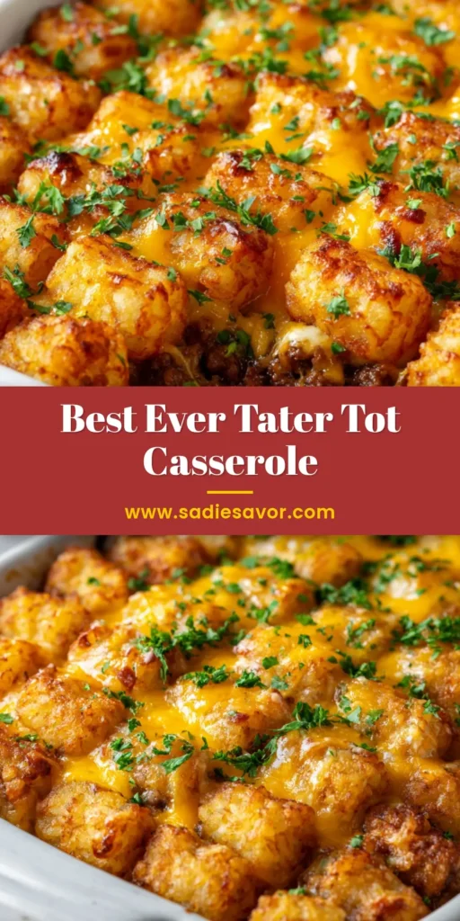 A close-up vertical shot of a freshly baked Tater Tot Casserole in a white ceramic dish, showing golden-brown crispy potatoes, bubbly orange cheddar, green parsley, and thick creamy brown gravy.